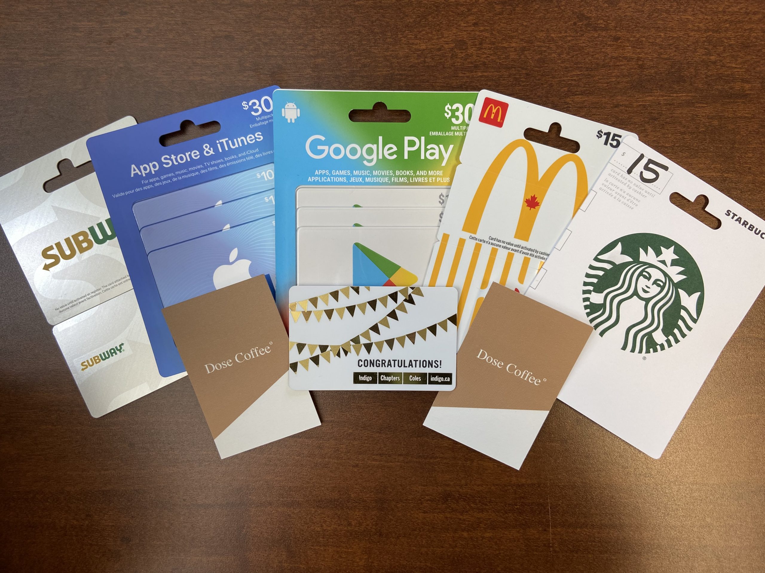 Gift cards for subway, itunes, google play, mcdonalds, starbucks, dose coffee, chapters